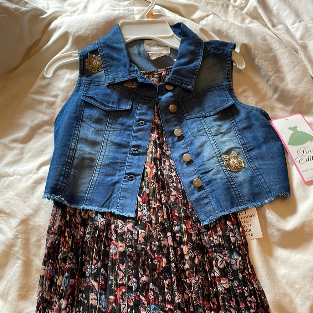 Girls size 10 2 piece set tank dress and vest with beaded flower detail